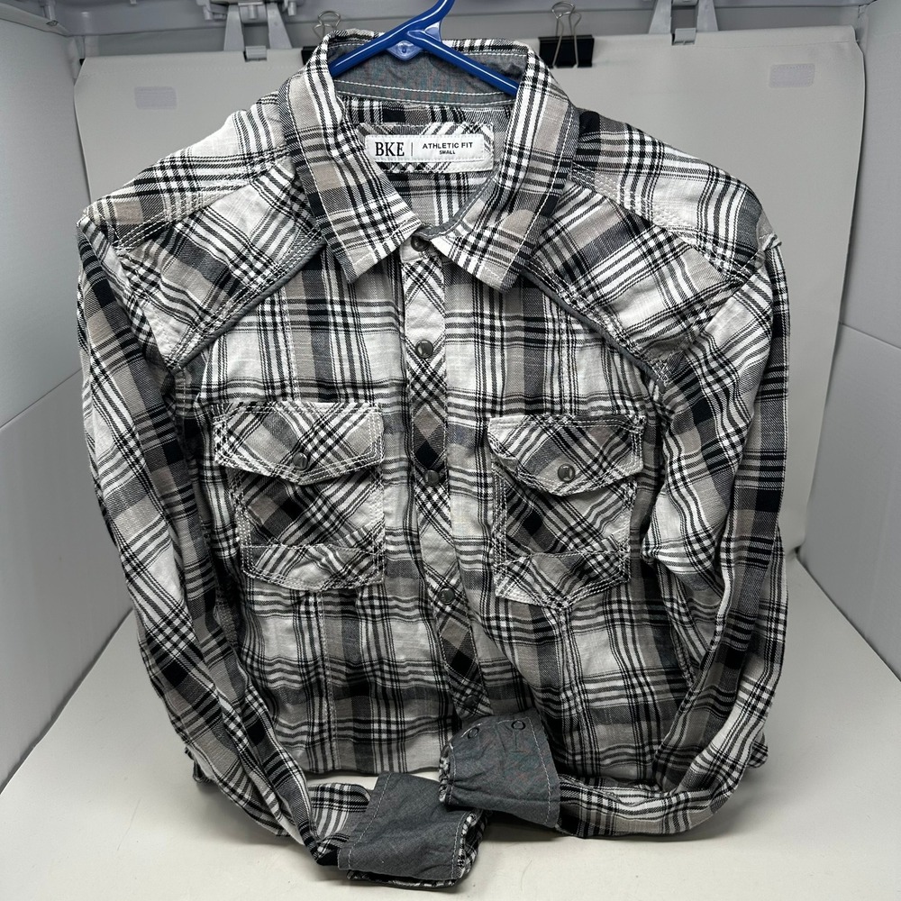 BKE Shirt Men Small Black White Plaid Athletic Fit Western Snap 11697FPW